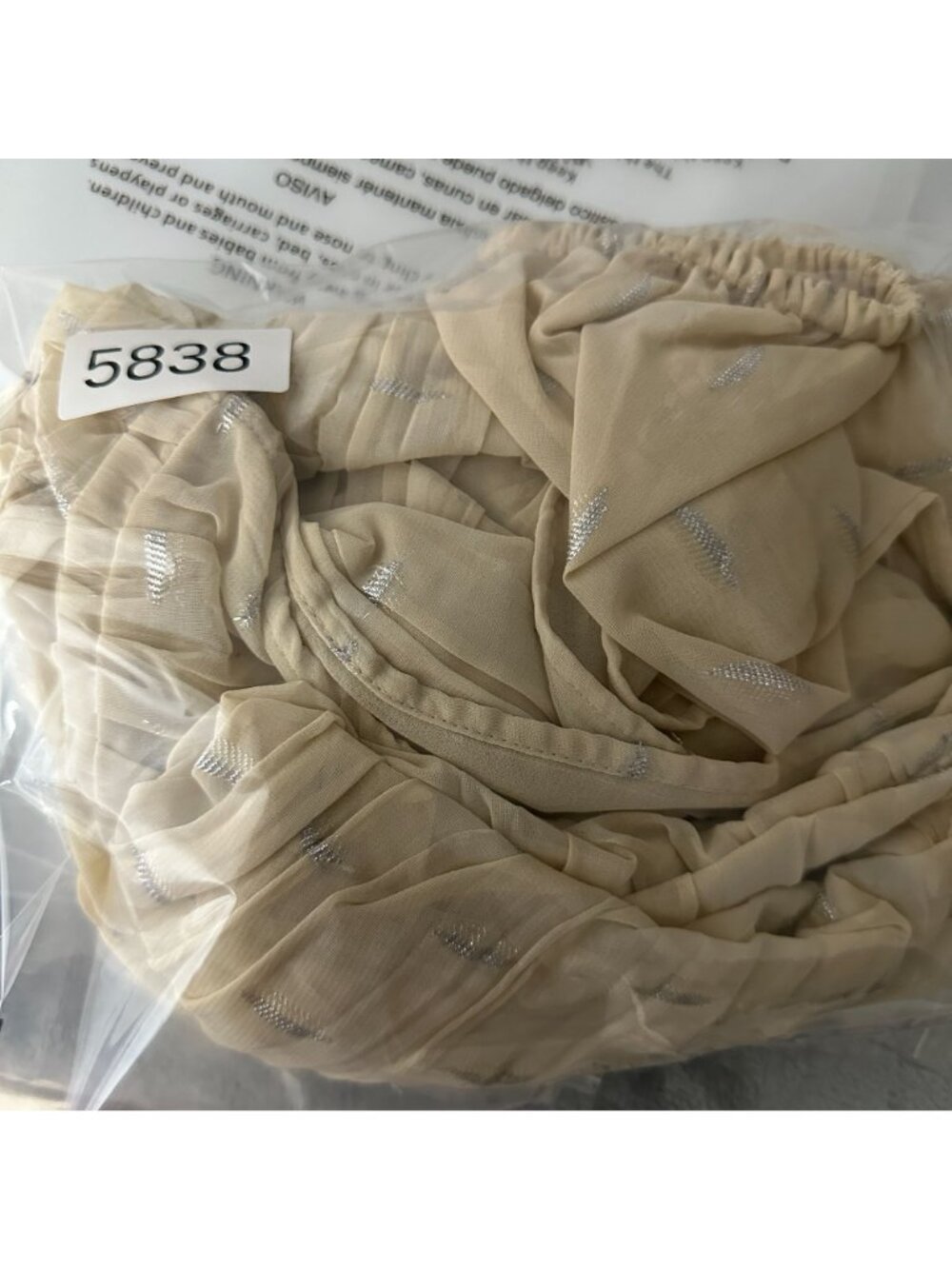 H&M Mini Dress Size Large Beige Ruched Metallic Chiffon V Neck Puff Sleeves - Picture 14 of 14